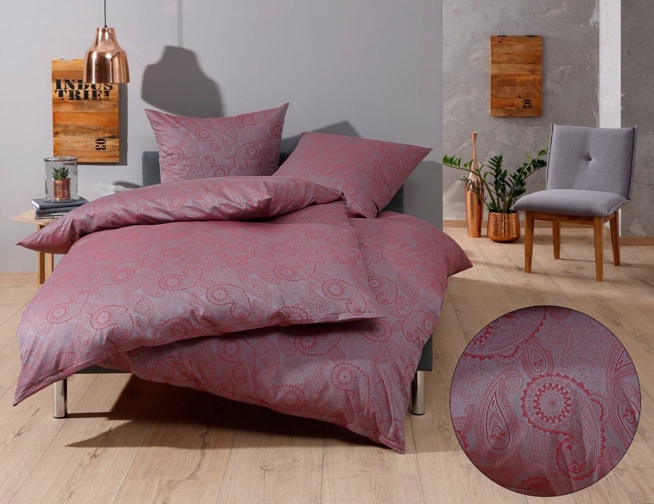 Bettwaesche-mit-Stil Mako-Satin Damast Paisley Bettwäsche "Davos" rot - grau Garnitur 135x200 + 80x80 Bild 1