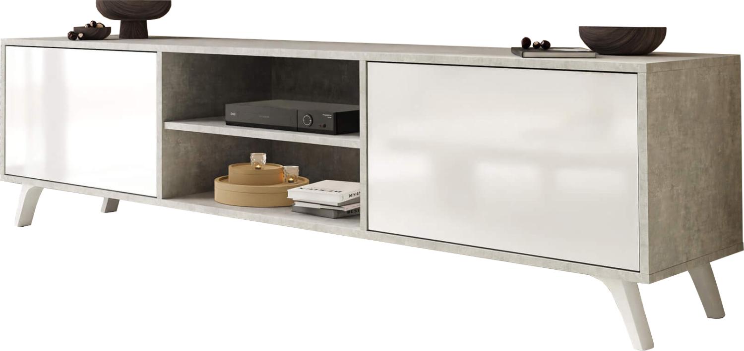 Domando Lowboard Sirolo Skandinavisch für Wohnzimmer Breite 180cm, Push-to-open-System, Holzfüße, Hochglanz in Beton und Weiß Hochglanz Bild 1