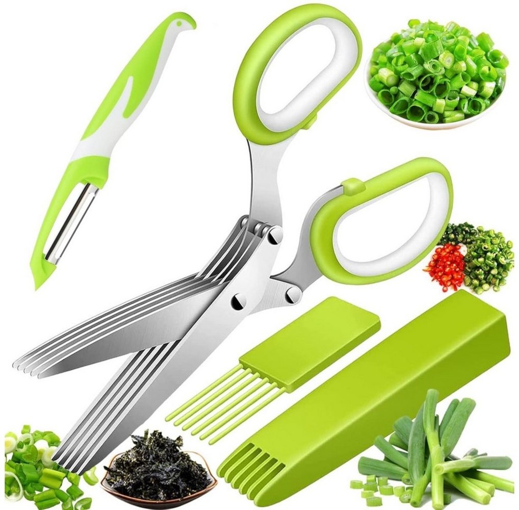 SURFOU Kräuterschere Edelstahl 5 Klingen Küchen Schnittlauchschere Gemüseschere, mit ReinigungKamm und Sicherheitsabdeckung Abstreiflöchern für Kräuter Bild 1