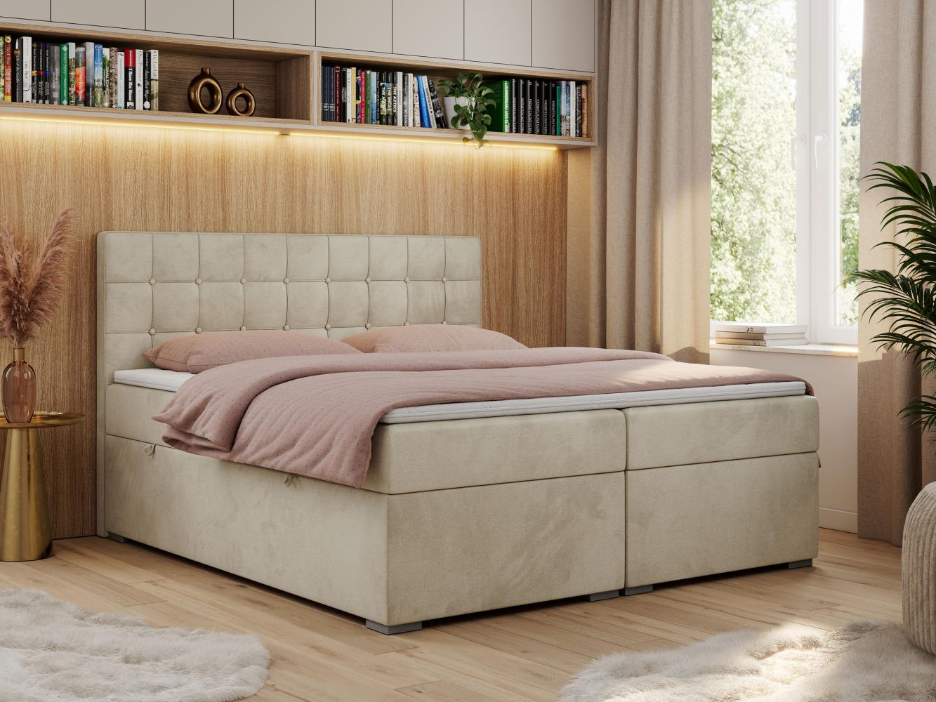 Boxspringbett, Doppelbett, Polsterbett mit Kopfstütze - CARMEN - 180x200cm - Beige Velours - H4 Bild 1