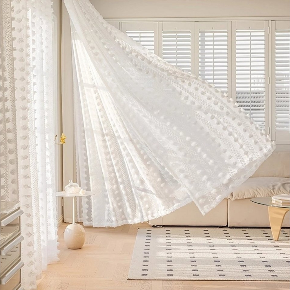 BTTO V&G Gardine Vorhänge mit Pompom-Quasten, (1 St), halbtransparent, Fenster Vorhang Bild 1