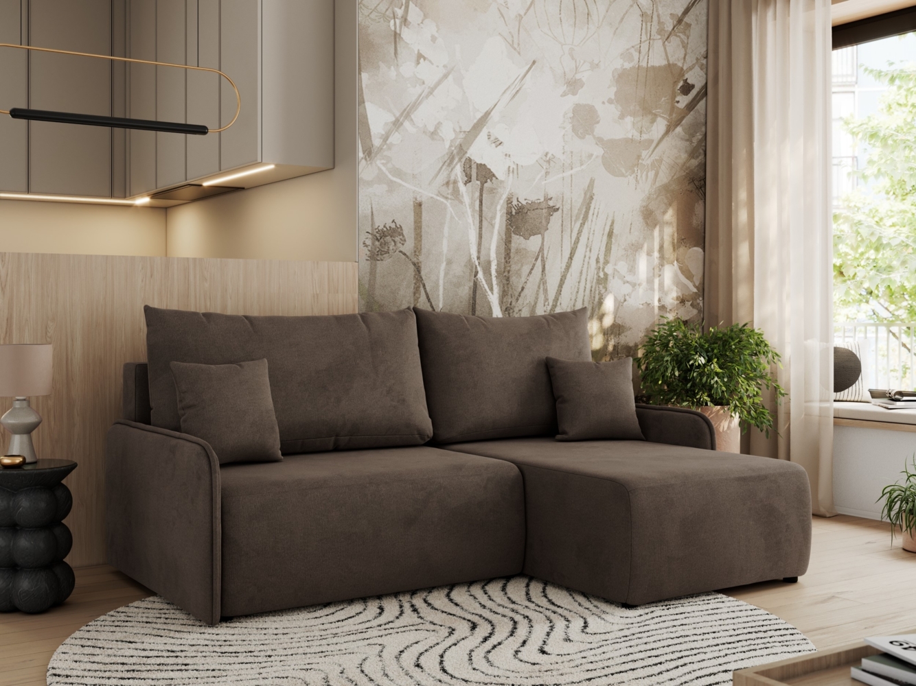 Ecksofa für das Wohnzimmer, mit losen Kissen, Schlaffunktion und Bettkästen, L-förmiges Ecksofa mit Armlehnen, Wellenfeder - ARPA - Braun Velours - rechte Seite Bild 1