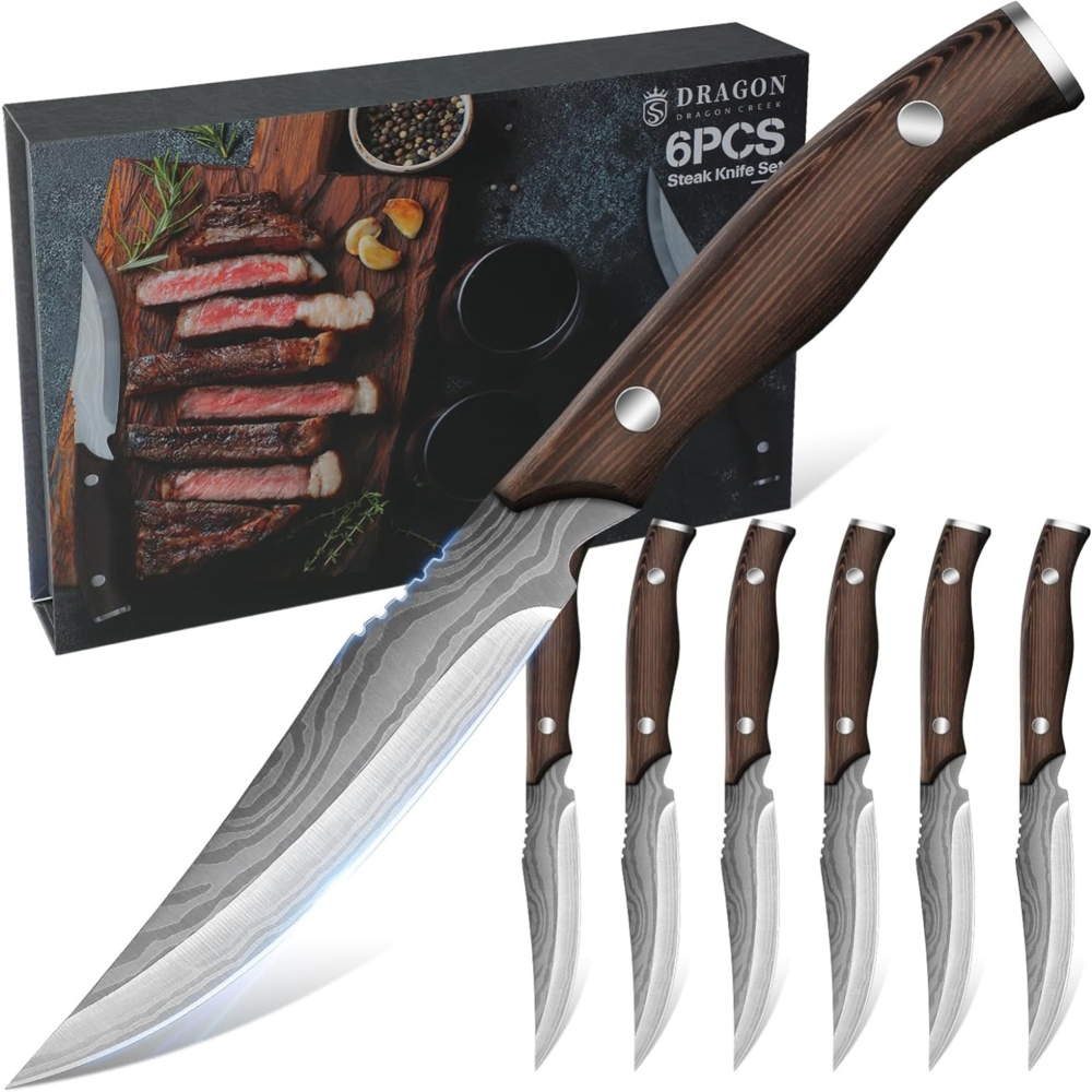 Premium Edelstahl Steakmesser Set 6 teilig Holzgriff Geschenkbox Grillbesteck Bild 1