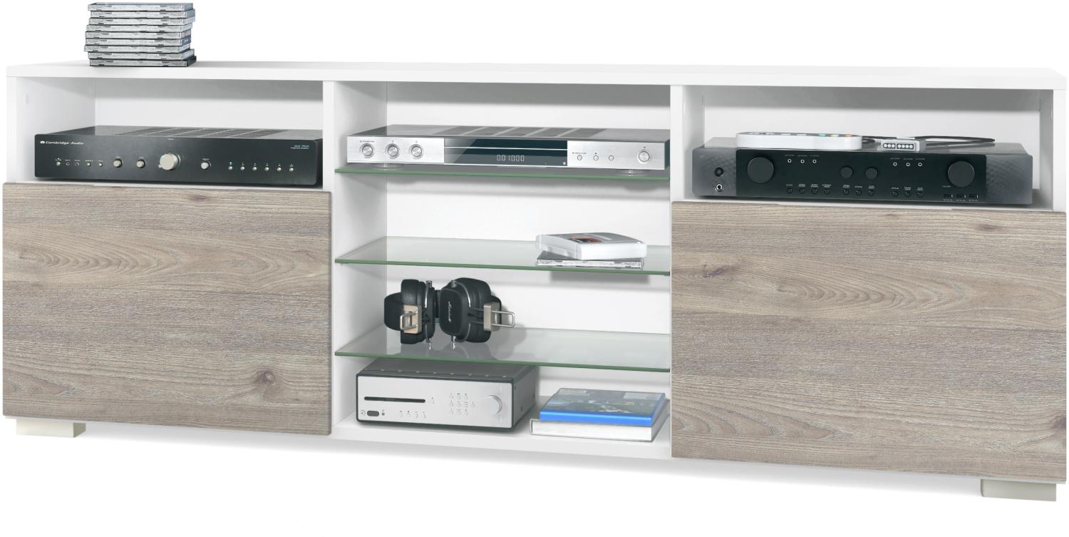 TV-Board Granada, Lowboard mit 2 Türen und 6 offenen Fächern, Korpus Weiß matt, Fronten in Eiche Nordic (146 x 54 x 35 cm) Bild 1