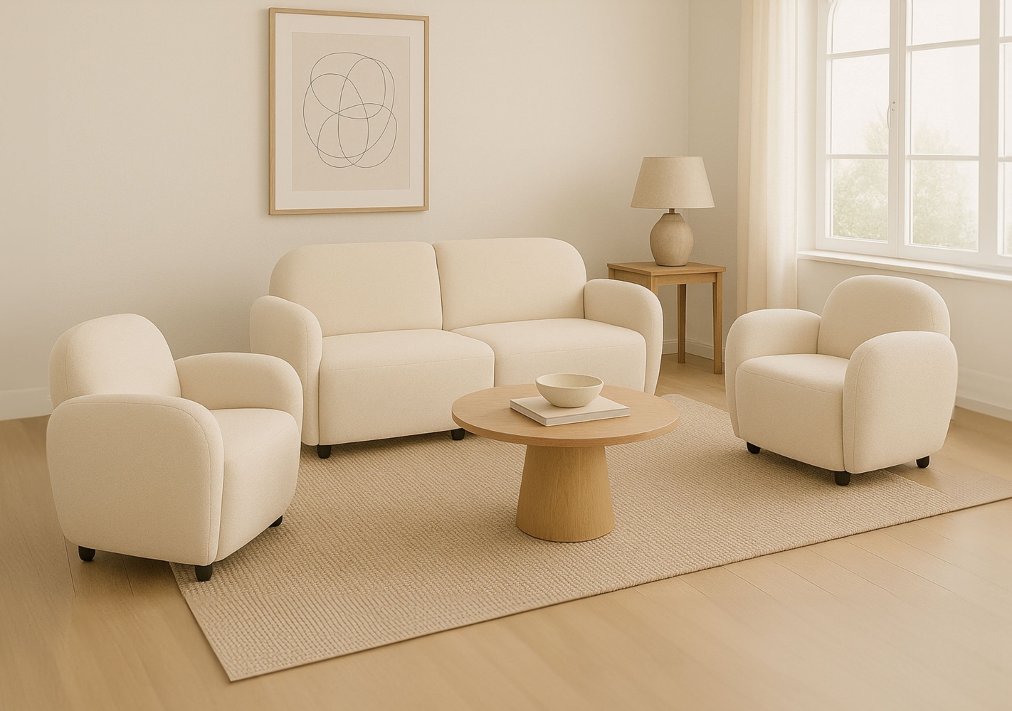 Wohnzimmer-Set HWC-P33, 2er-Sofa 2x Sessel, Stoff/Textil Chenille (330 g/m²) Öko-Tex ~ creme Bild 1