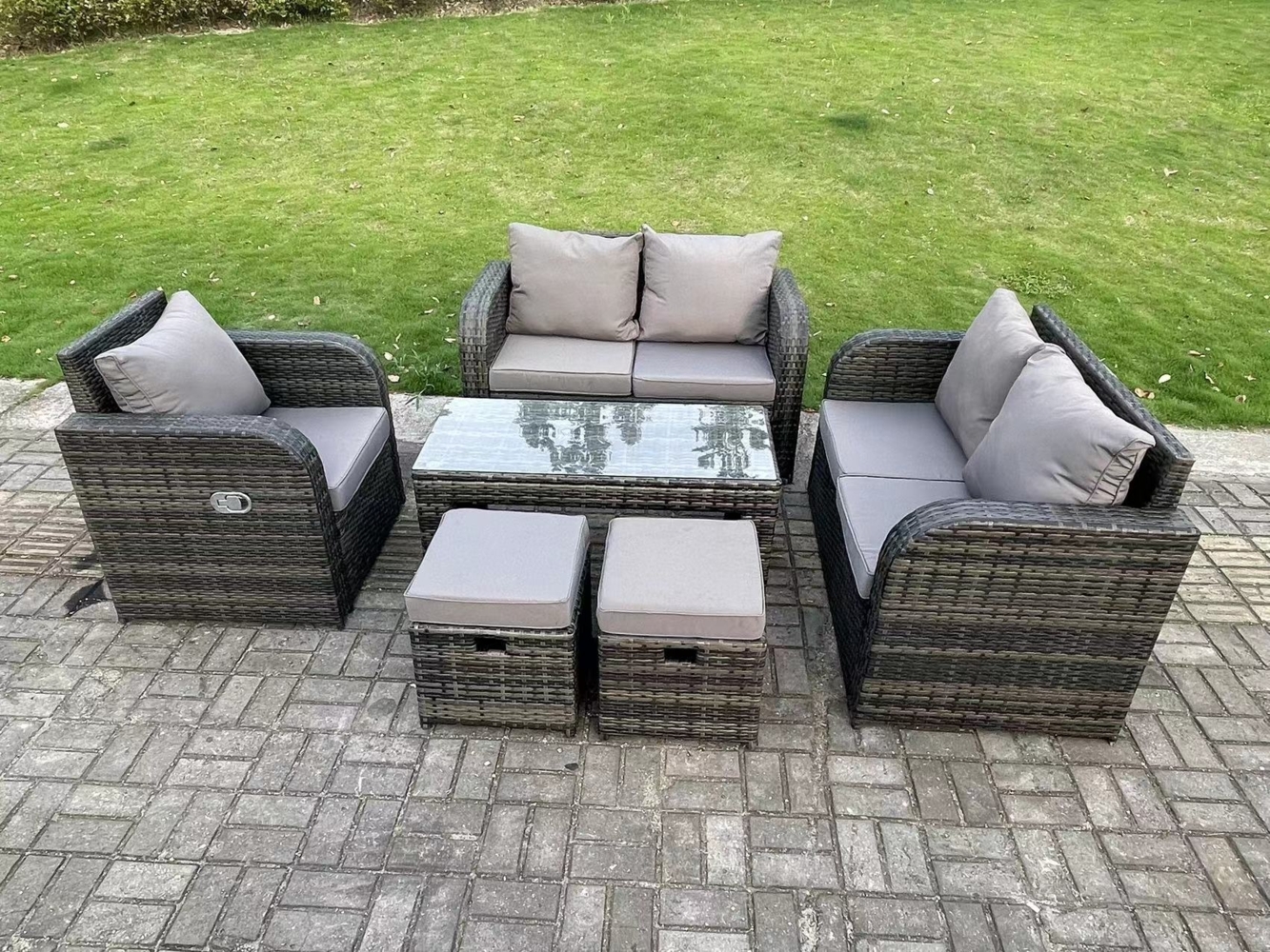 Fimous 7-Sitzer Dunkelgrau PE Wicker Rattan Gartenmöbel Set Liegestuhl Liebe Sofa 2-Sitzer Sofa Set Outdoor Oblong Couchtisch Hocker Hohe Rückseite Bild 1
