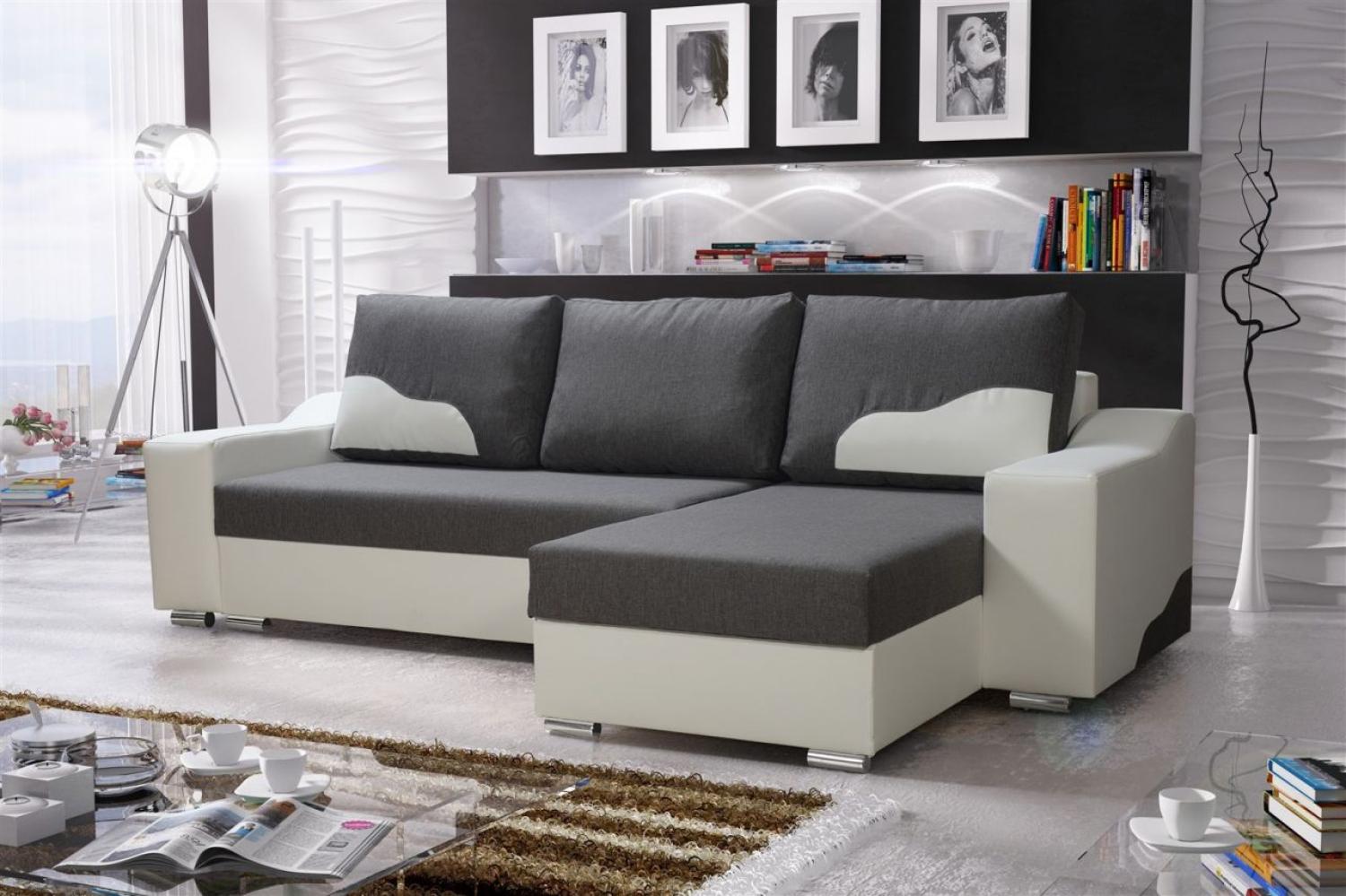 Ecksofa COLLIN mit Schlaffunktion Weiss / Dunkelgrau Ottomane Rechts Bild 1
