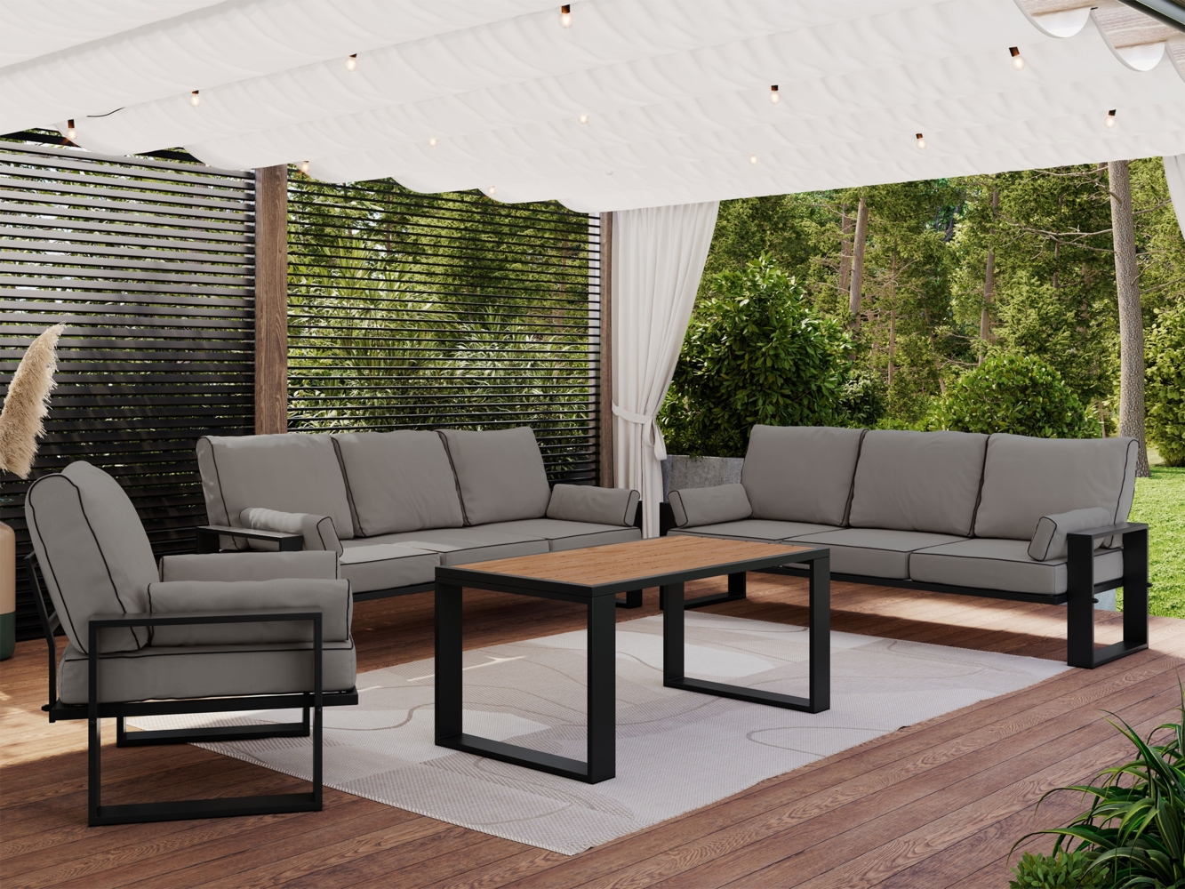 Gartenlounge Set für 7 Personen mit zwei Sofas, Sessel und Tisch, Gartenmöbel auf Metallbeinen - ELBA 3 - grau Bild 1