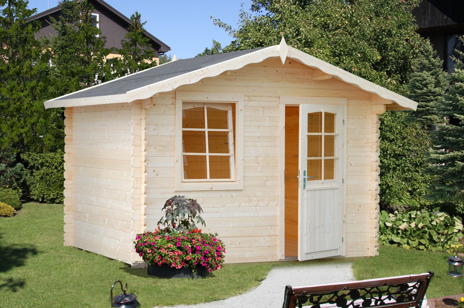 Palmako Gartenhaus Emma 46 m² Gartenhaus aus Holz in Grau Holzhaus mit 28 mm Wandstärke Blockbohlenhaus Bild 1