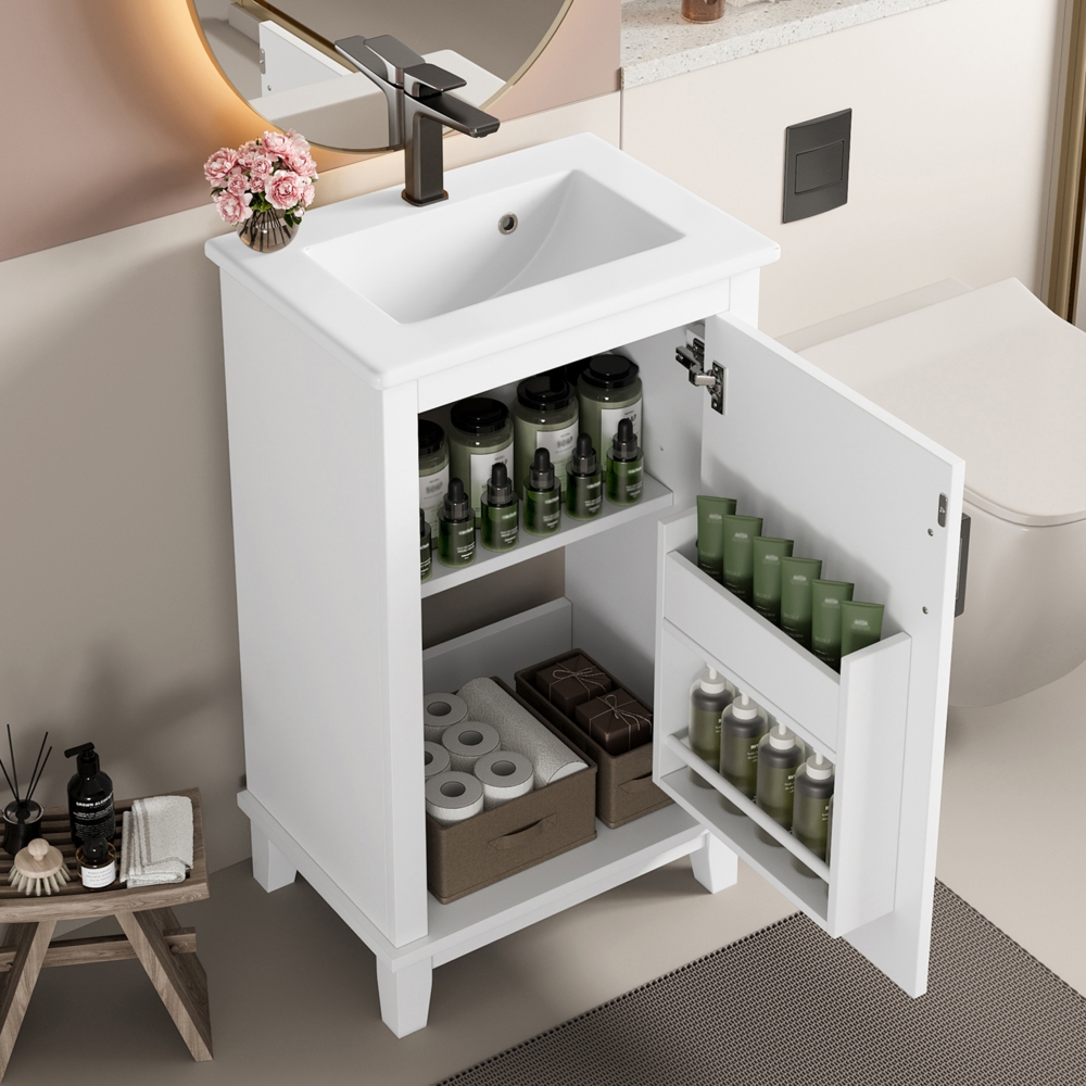 Merax 51x34x83cm Waschtisch, Badezimmerschrank mit Waschbeck, verstellbare Regale, integriertes Keramikwaschbecken, geeignet für kleine Räume, weiß Bild 1