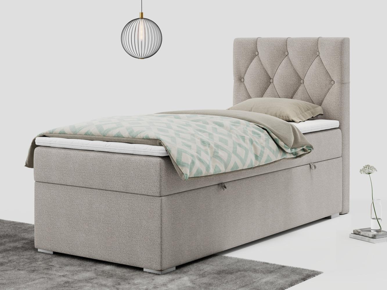 Boxspringbett ALDA, Einzelbett mit gestepptem Kopfteil und einem Bettkasten, 90x200 - Beige Stoff - rechts - H3 Bild 1