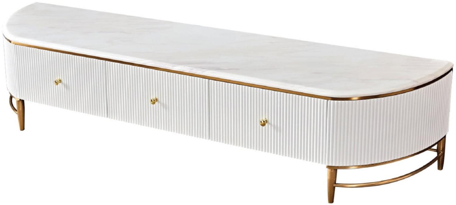 Casa Padrino Luxus TV Schrank Weiß / Messingfarben / Gold 200 x 40 x H. 42 cm - Modernes Wohnzimmer Sideboard mit 3 Schubladen - Moderne Wohnzimmer TV Möbel Bild 1