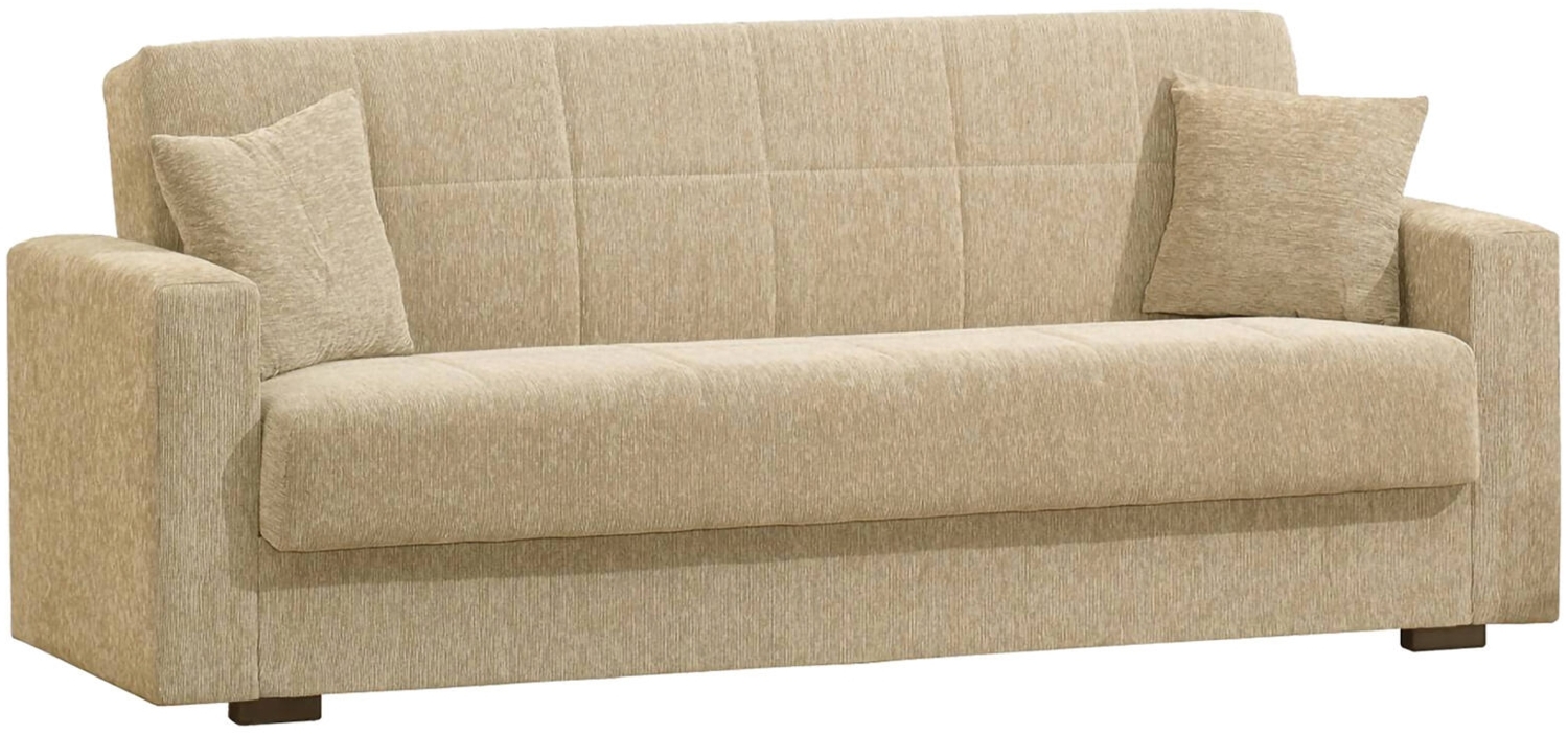 Dmora 3-Sitzer Schlafsofa Ambrogino, lineares Container-Schlafsofa, Wohnzimmersofa aus gepolstertem Stoff mit Klick-Klack-Öffnung, 212 x 80 x 87 cm, Blau Bild 1