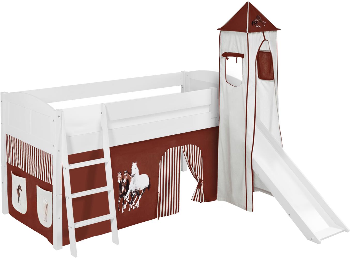 Lilokids 'Ida 4106' Spielbett 90 x 200 cm, Pferde Braun Beige, Kiefer massiv, mit Turm, Rutsche und Vorhang Bild 1