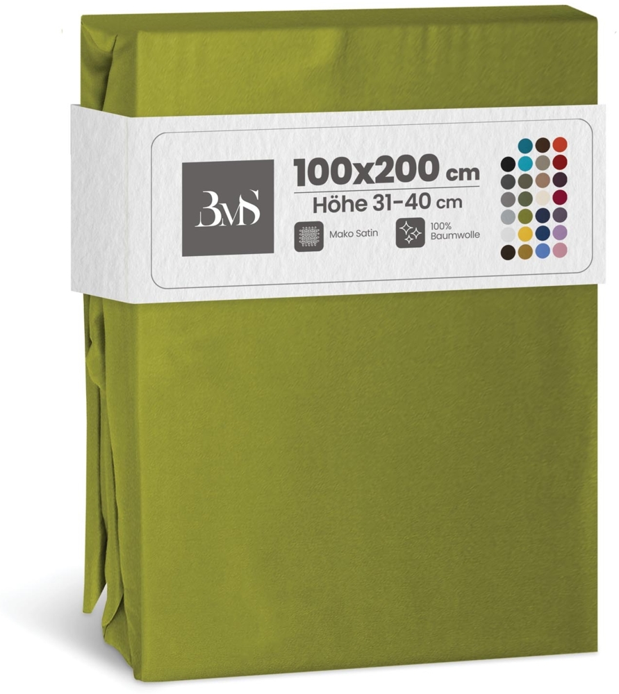Bettwaesche-mit-Stil Mako-Satin Spannbettlaken grün 100x200cm Höhe 31-40cm Bild 1