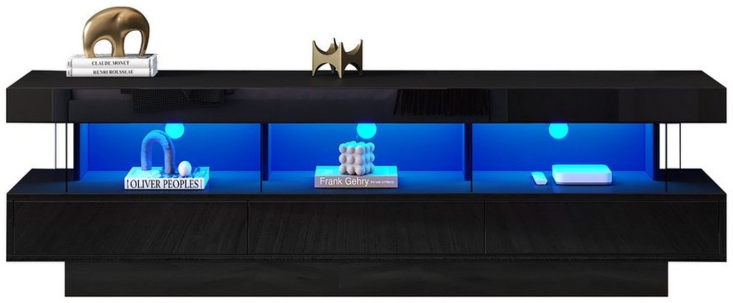 BlingBin Lowboard Hochglanz-Glas-TV-Ständer, Smart TV Stand 160*38*50,5 cm Schwarzer (1er set, 1 St, Hochglanz-TV-Ständer mit 3 Glasablagen, LED-Beleuchtung), App-Steuerung, Bluetooth-Konnektivität für 70-Zoll-Fernseher Bild 1