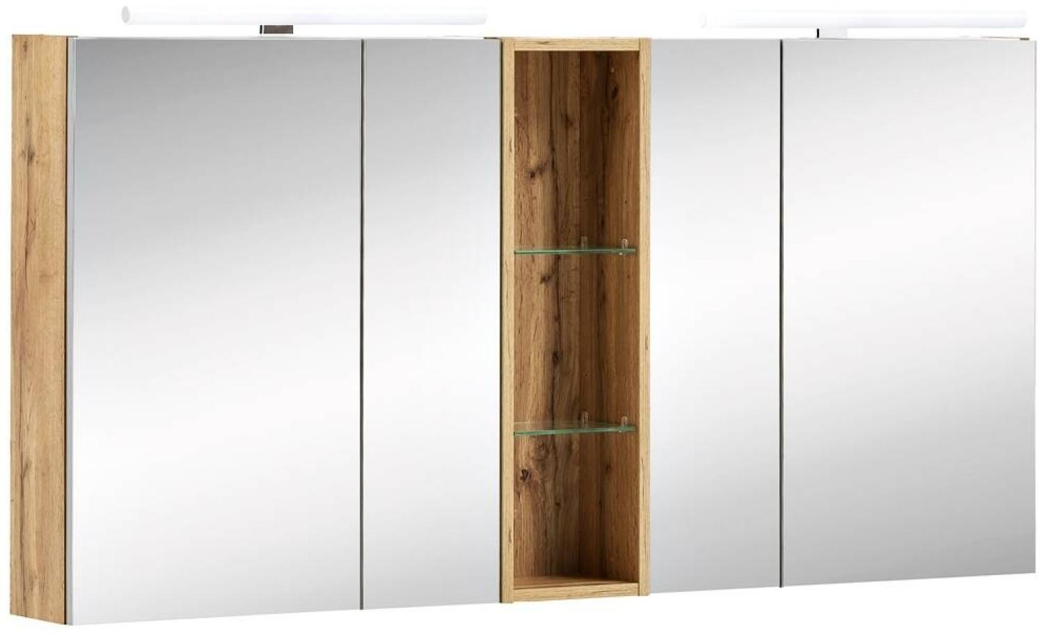 LED-Spiegelschrank mit Regal in Eiche Landhaus DABO-04 inkl. Beleuchtung, B/H/T: 141,6/71-75/16 cm Bild 1