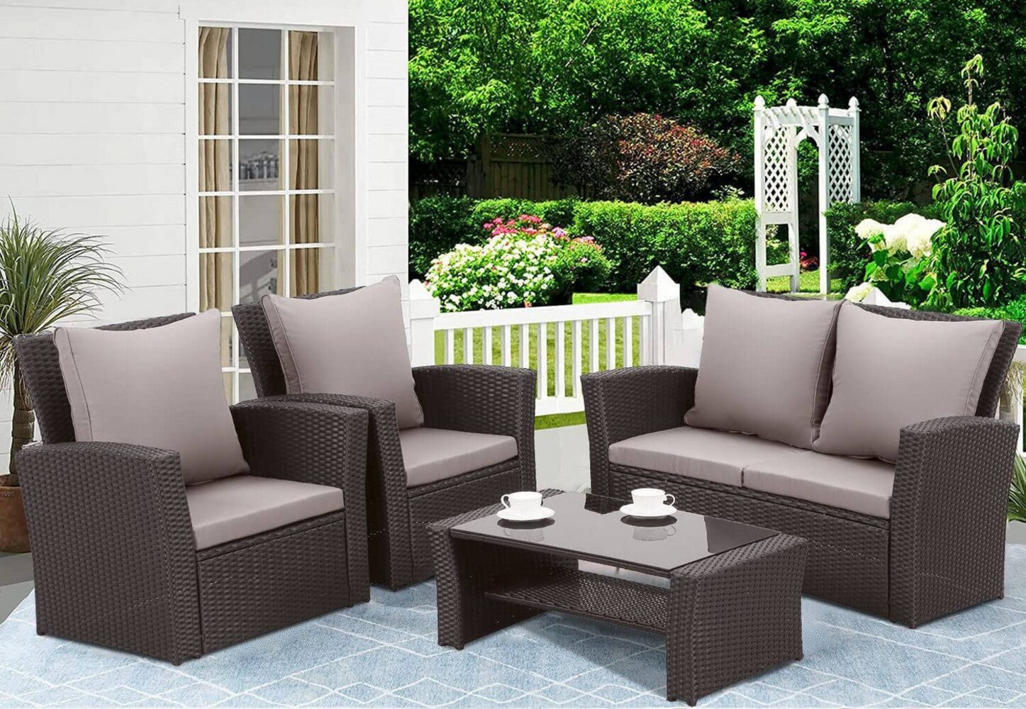 MeXo Loungeset Gartenmöbel Set aus handgefertigtem Polyrattan, (Balkonmöbel Set, 4-tlg, Outdoor-Sitzgruppe mit 2-Sitzer Sofa, 2 Sessel und Tisch mit Stauraum), wetterfeste Terrassenmöbel-Lounge für 4 Personen Bild 1