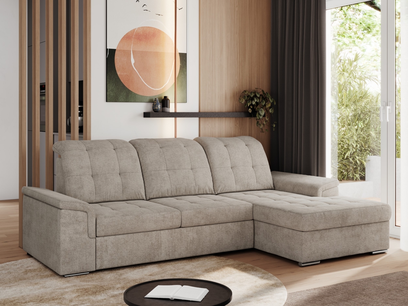 L-förmige Ecksofa mit gesteppter Sitzfläche und Rückenlehne, verstellbare Rückenkissen, Schlaffunktion und Bettkasten - MADRITO - Beige Struktur - rechte Seite Bild 1