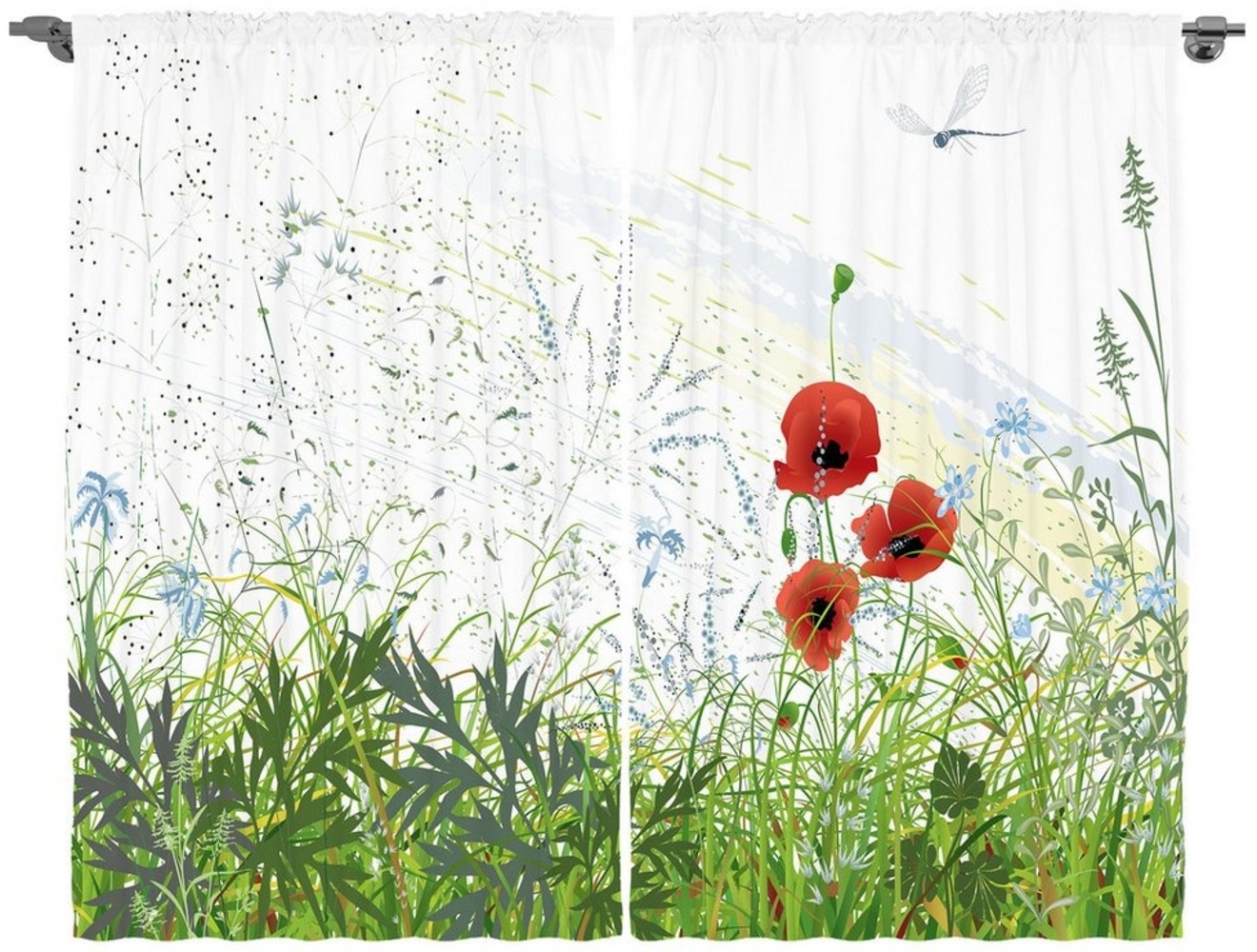 Abakuhaus Gardine Schlafzimmer Kräuselband Vorhang mit Schlaufen und Haken, Blumen Rote Mohnblumen-Libelle Bild 1