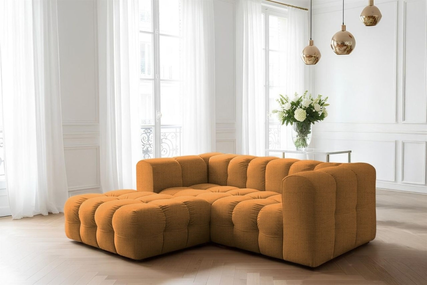 Ecksofa Designersofa SOLVIE XS in Stoff Moly Orange Ottomane Links Bild 1
