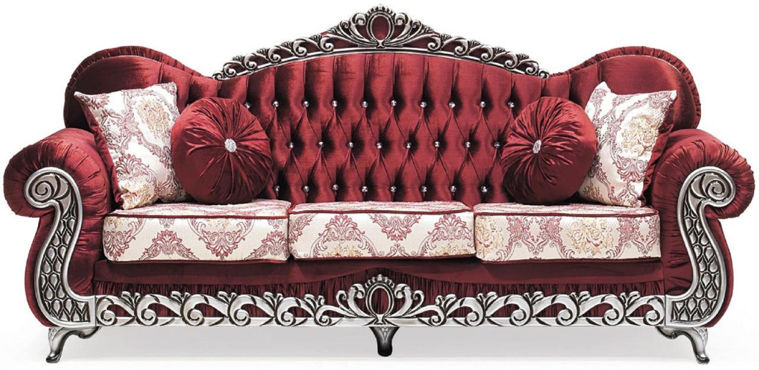 Casa Padrino Luxus Barock Sofa Bordeauxrot / Creme / Silber - Prunkvolles Wohnzimmer Sofa mit elegantem Muster und Glitzersteinen - Wohnzimmer Möbel im Barockstil - Barock Möbel - Edel & Prunkvoll Bild 1