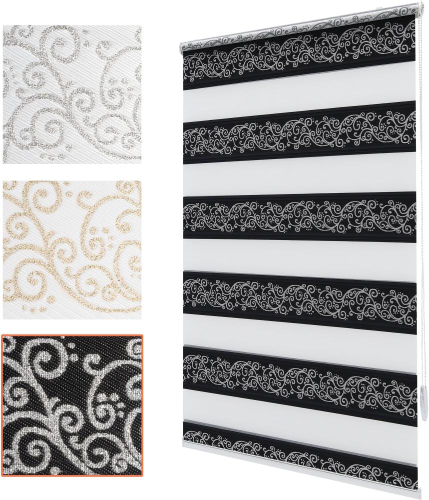 Bailena Doppelrollo Klemmfix ohne Bohren mit Muster Ranken Blumen Motiv 3in1 Klemmrollo Schwarz Silber 50x150 cm Bild 1