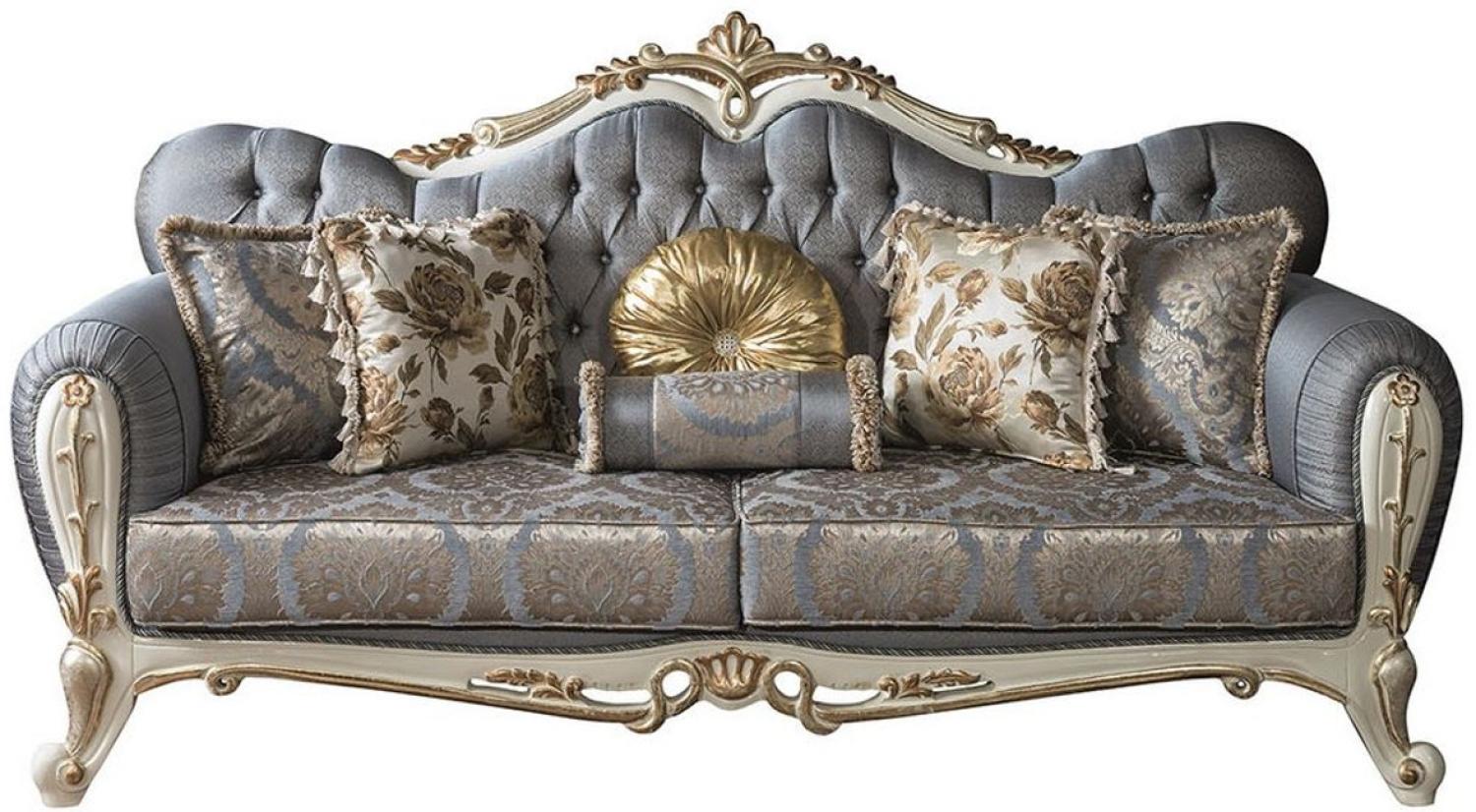 Casa Padrino Luxus Barock Wohnzimmer Sofa mit Glitzersteinen und dekorativen Kissen Blau / Weiß / Gold 220 x 85 x H. 110 cm - Edle Wohnzimmer Möbel im Barockstil Bild 1