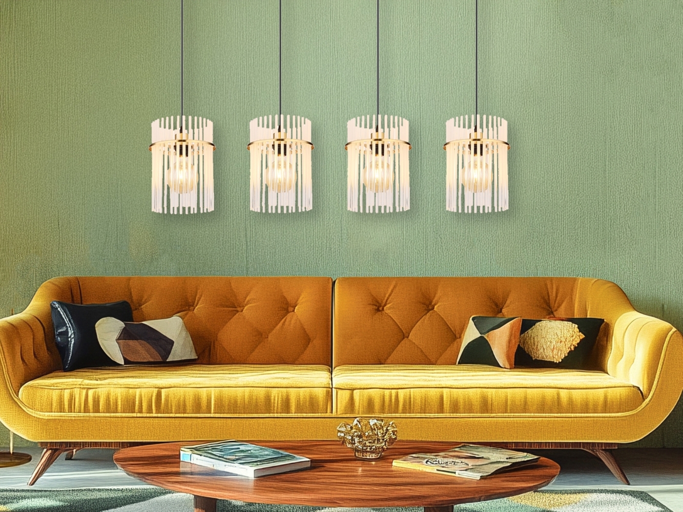 Hängeleuchte, 4 Flammig, Glasstäbe, gold, H 140 cm Bild 1