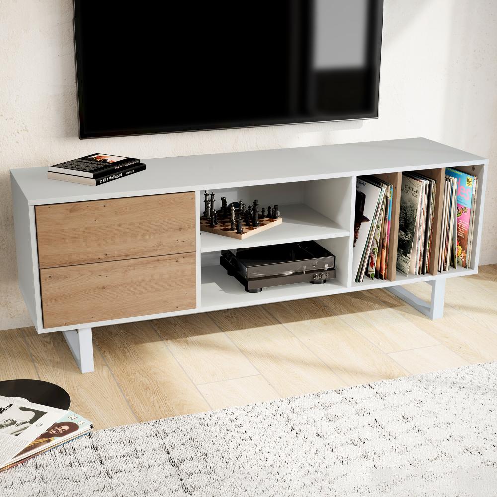 FineBuy Lowboard Eiche-Dekor 150x55x40 cm TV-Kommode Modern, Design TV-Schrank Hoch, Fernsehtisch Fernsehschrank mit Schubladen & Regal, Fernsehkommode Wohnzimmer Weiß Bild 1