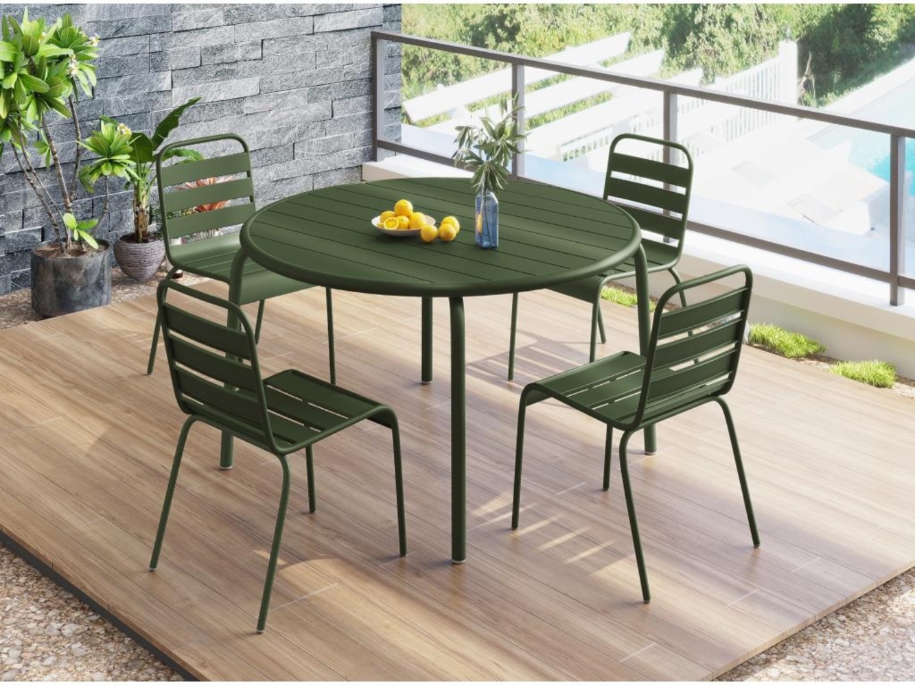 Vente-unique - Garten-Essgruppe: Tisch D. 110 cm + 4 stapelbare Stühle - Metall - Khaki - MIRMANDE von MYLIA Bild 1