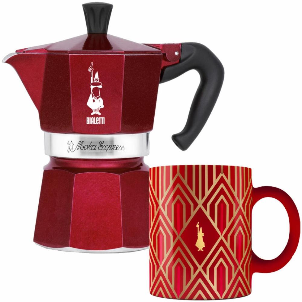 Bialetti Deco Glamour Espressokocher Moka Express, 2-tlg, für 3 Tassen, Espresso Kocher, Inkl. 1 Becher, Rot, 9901 Bild 1