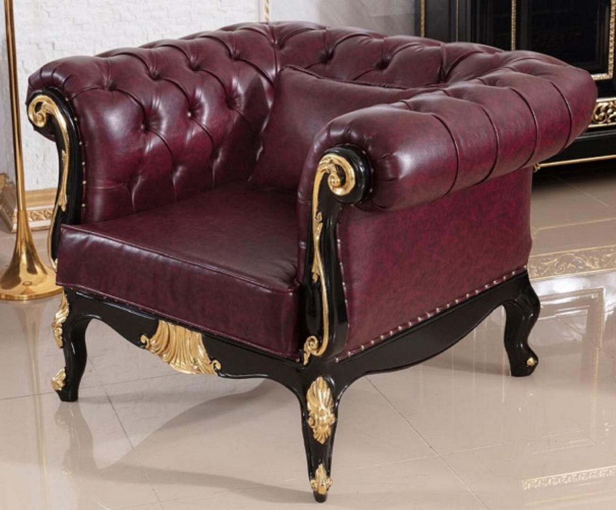 Casa Padrino Luxus Barock Chesterfield Leder Sessel Bordeauxrot / Schwarz / Gold - Prunkvoller Echttleder Wohnzimmer Sessel - Luxus Wohnzimmer Möbel im Barockstil - Barock Leder Möbel Bild 1