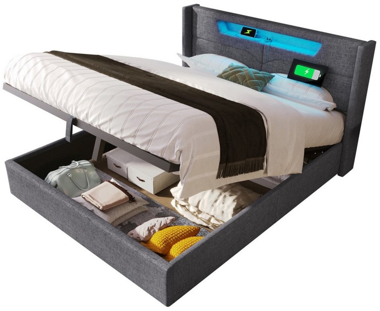 Refined Living Polsterbett LED Doppelbett Jugendbett mit USB Typ C Ladefunktion Stauraumbetten (modernes Bett, Leinenbett, Komfortbett Schlafzimmermöbel mit lattenrost, 1-tlg, ohne-Matratze 160 x 200 cm Bettgestell aus Leinenmaterial), Großzügiger Stau... Bild 1