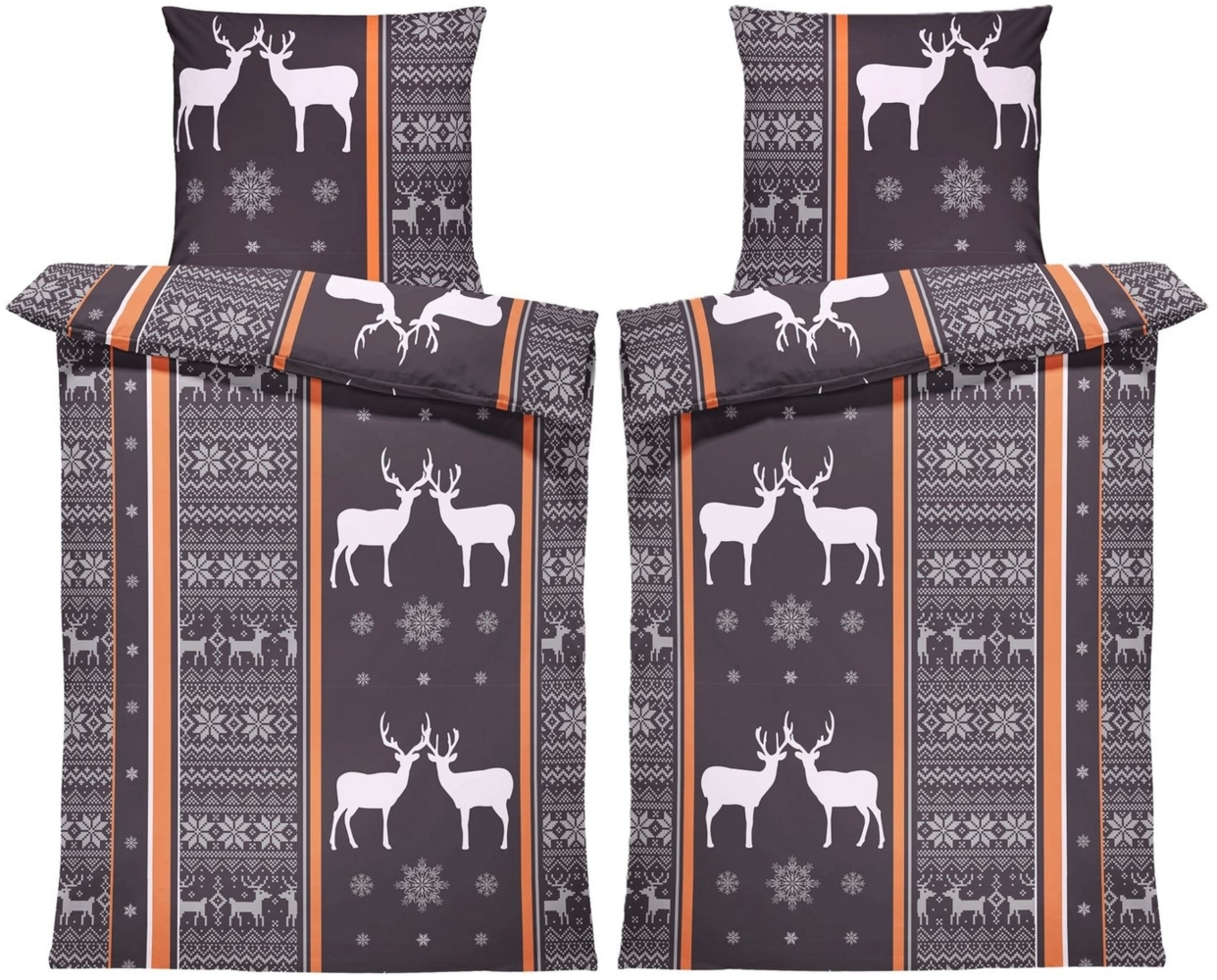 One Home Bettwäsche Rentiere, Biber, 4 teilig, Schneeflocken, kuschelig flauschig warm weich Baumwolle Winter Bild 1