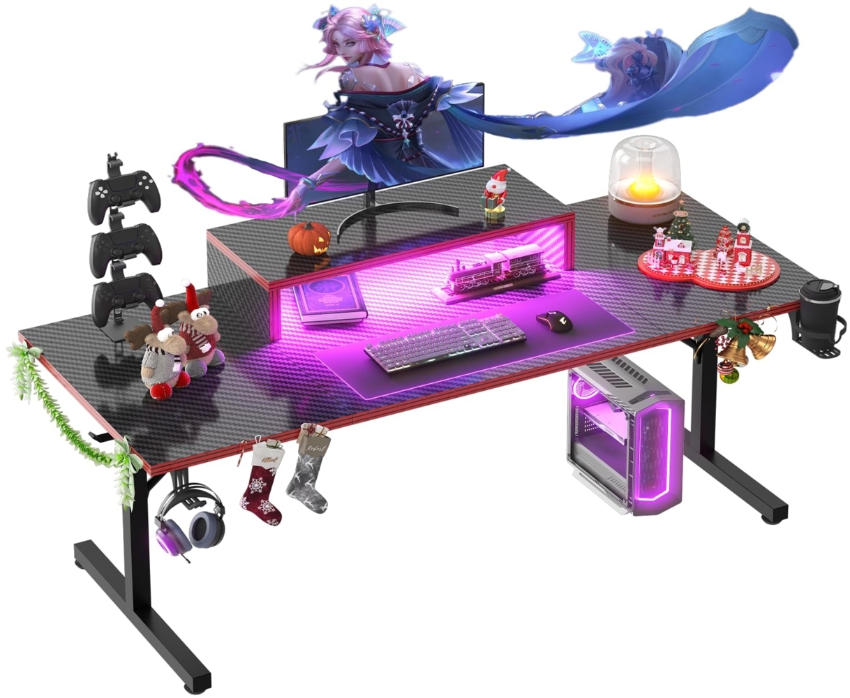 Devoko Gaming-Schreibtisch mit LED, Gaming-Schreibtisch mit Monitorständer, Kohlefaser-Beschichtung, T-Rahmen-Design, ergonomischer Computertisch mit Getränkehalter und Kopfhörerhaken, 180x60 cm, Bild 1