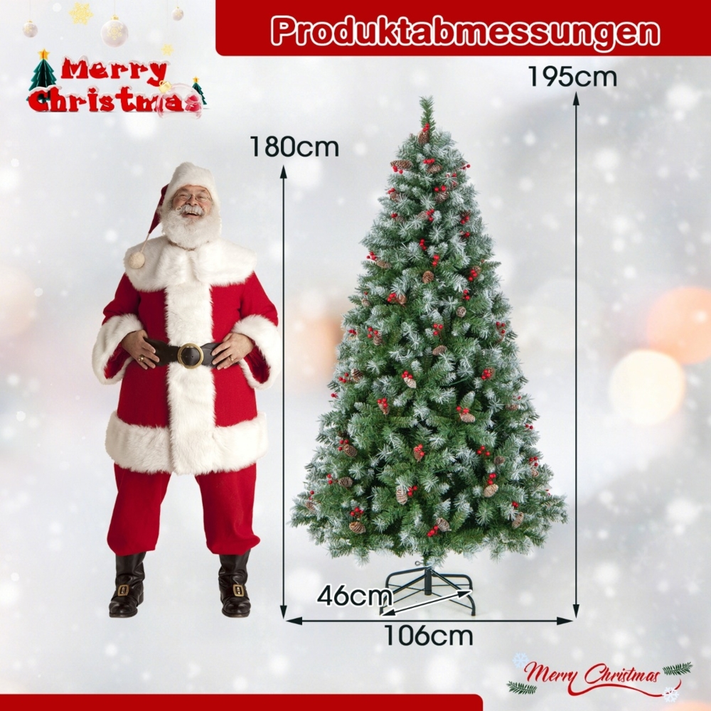 195 cm Künstlicher Weihnachtsbaum mit Beleuchtung & Schnee & Tannenzapfen & Roten Beeren Bild 1