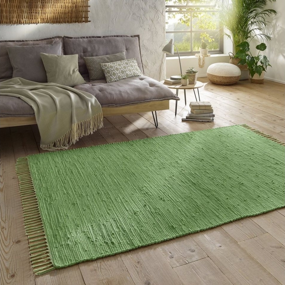 TaraCarpet Teppich Flickenteppich TaraCarpet Sylt mit Fransen, rechteckig, Höhe: 5 mm, Wohnzimmer Schlafzimmer Küchenteppich grün 060x120 Bild 1