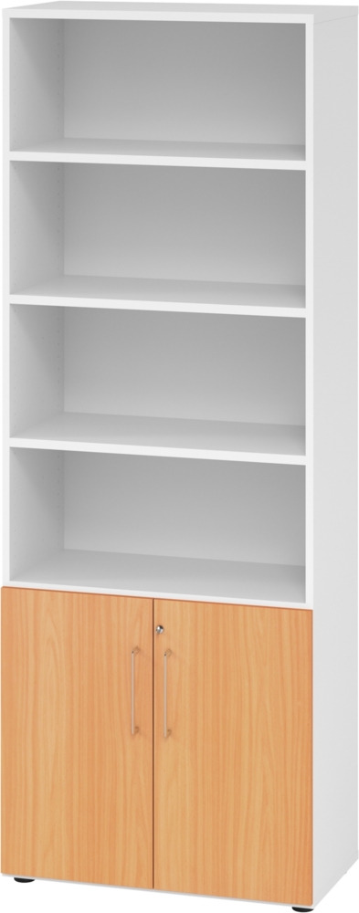 bümö Aktenregal & Schrank abschließbar, Büroschrank Regal Kombination Holz 80cm breit in Weiß/Buche - abschließbarer Schrank für's Büro & Arbeitszimmer, Büro Möbel Ordnerschrank, 968T2-W-6-BS Bild 1