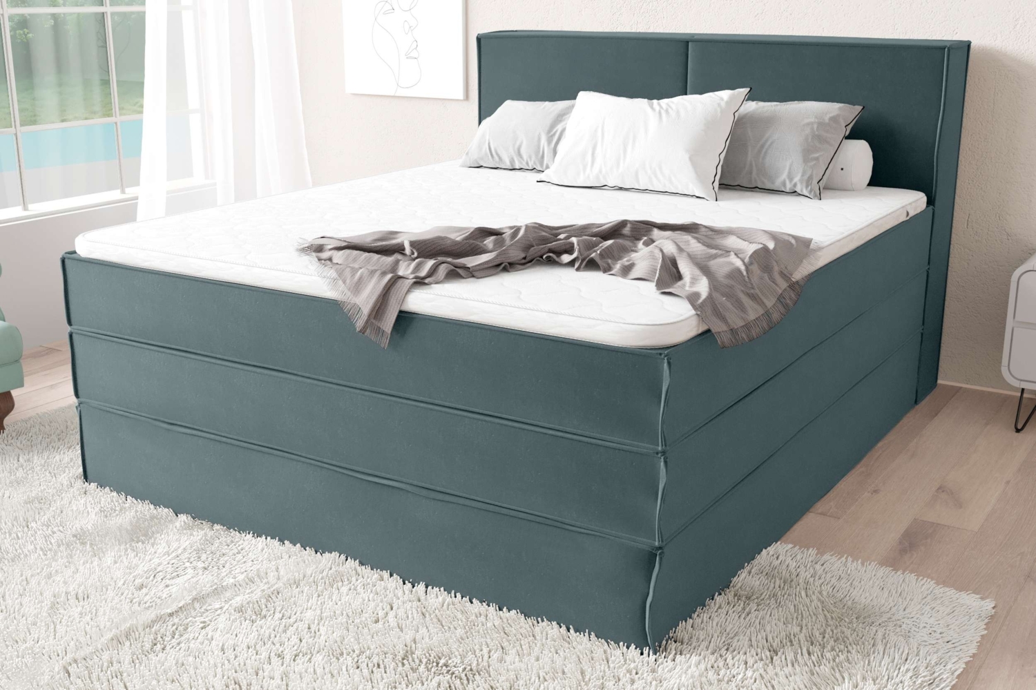 99rooms Santiago Boxspringbett Himmelgrau Velours KRONOS 120x200 cm Bonell-Federung Bild 1