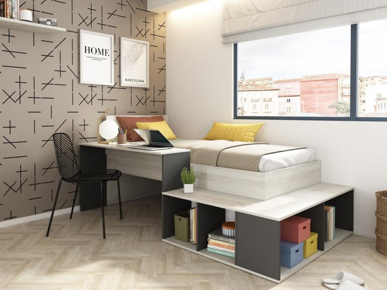 Vente-unique - Kombi-Bett mit Stauraum & Schreibtisch - 90 x 200 cm - Holzfarben & Anthrazit - RIGALI Bild 1