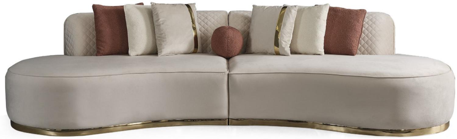 Casa Padrino Luxus Samt 4er Sofa Creme / Gold 330 x 120 x H. 76 cm - Wohnzimmer Sofa mit edlem Samtstoff - Wohnzimmer Möbel - Luxus Möbel - Wohnzimmer Einrichtung - Luxus Einrichtung Bild 1