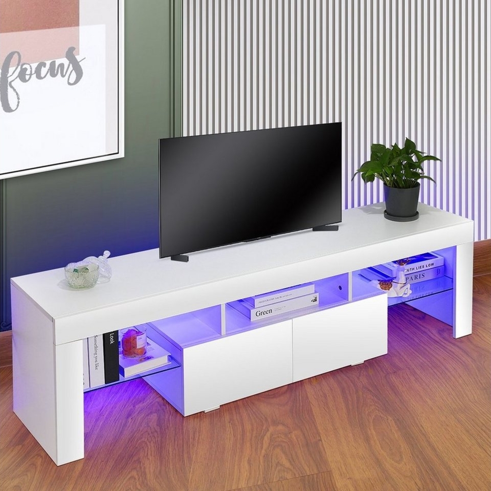 WILGOON TV-Schrank TV Board mit 16 Farben LED Beleuchtung, 160 x36x45 cm, mit 2 Schublade (TV-Schrank, mit 2 Schublade) Glasablage Spanplatte, LED-Fernsehtisch in wohnzimmer, sideboards Weiß Bild 1