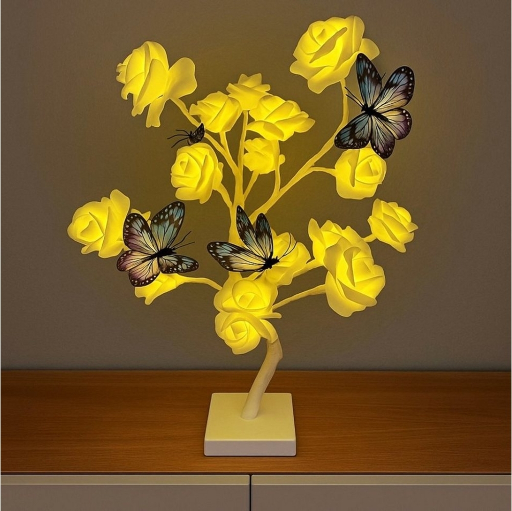 Online-Fuchs LED Baum künstliche Rosen mit LED-Blüten - Lichterbaum, Blumen, Stimmungslicht, 20 beleuchtete Rosenblüten, Warmweiß, mit Schmetterlingen verziert - 6-Stunden Timer Bild 1