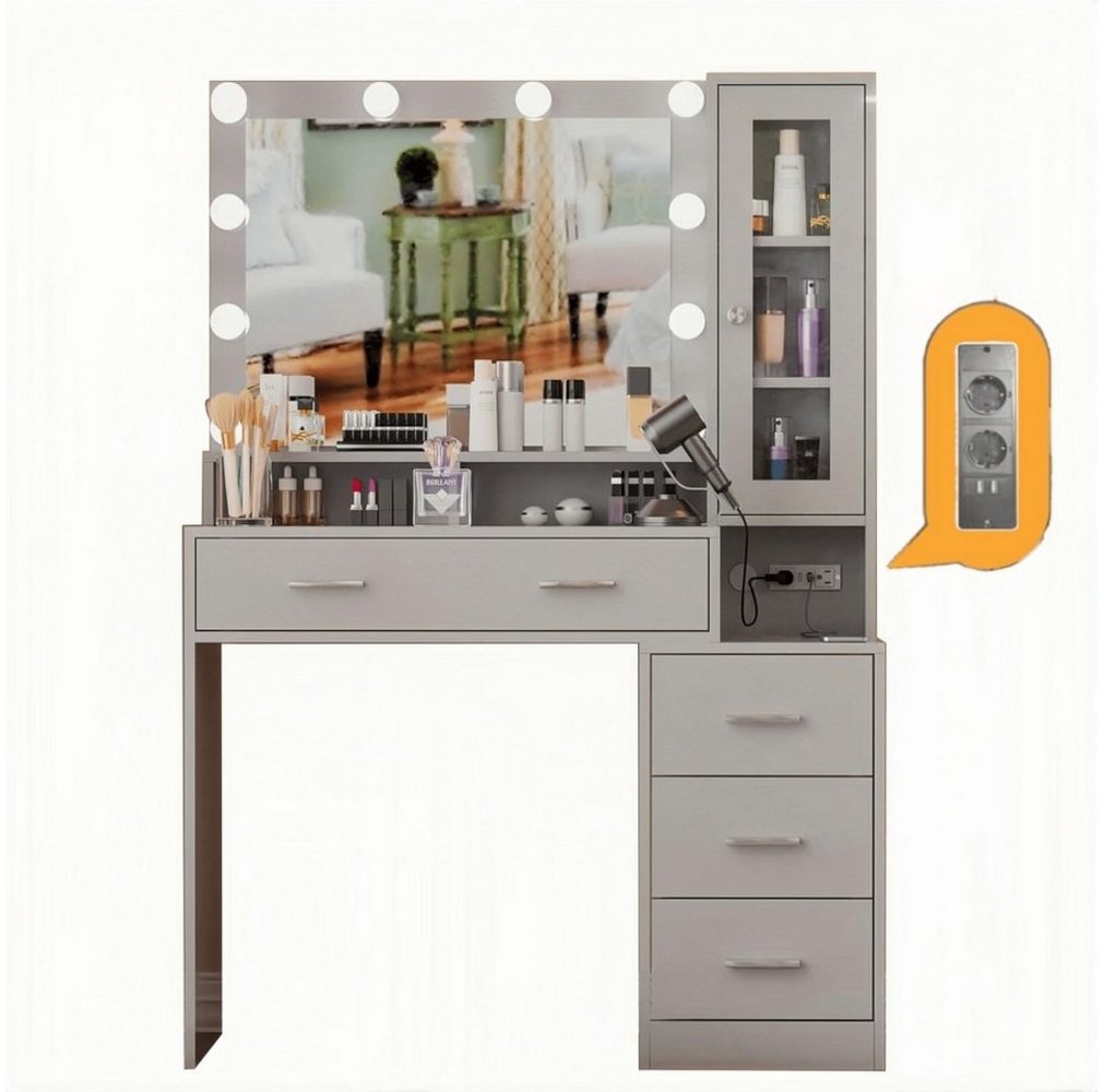 LUCKZON Schminktisch mit Steckdosen & Nachttisch & 10 LED einverstellbar, 101x40x143 cm, Frisiertisch mit 5 Schubladen u. 1 Schrank Valentinstag Geschenk Bild 1