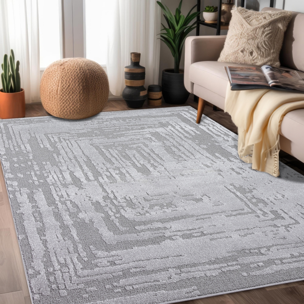 Teppich Wohnzimmer Kurzflor Grau 160x230cm Geometrisch Melierte Muster mit Hoch-Tief-Effekt, 3D Effekt, Weich Bild 1