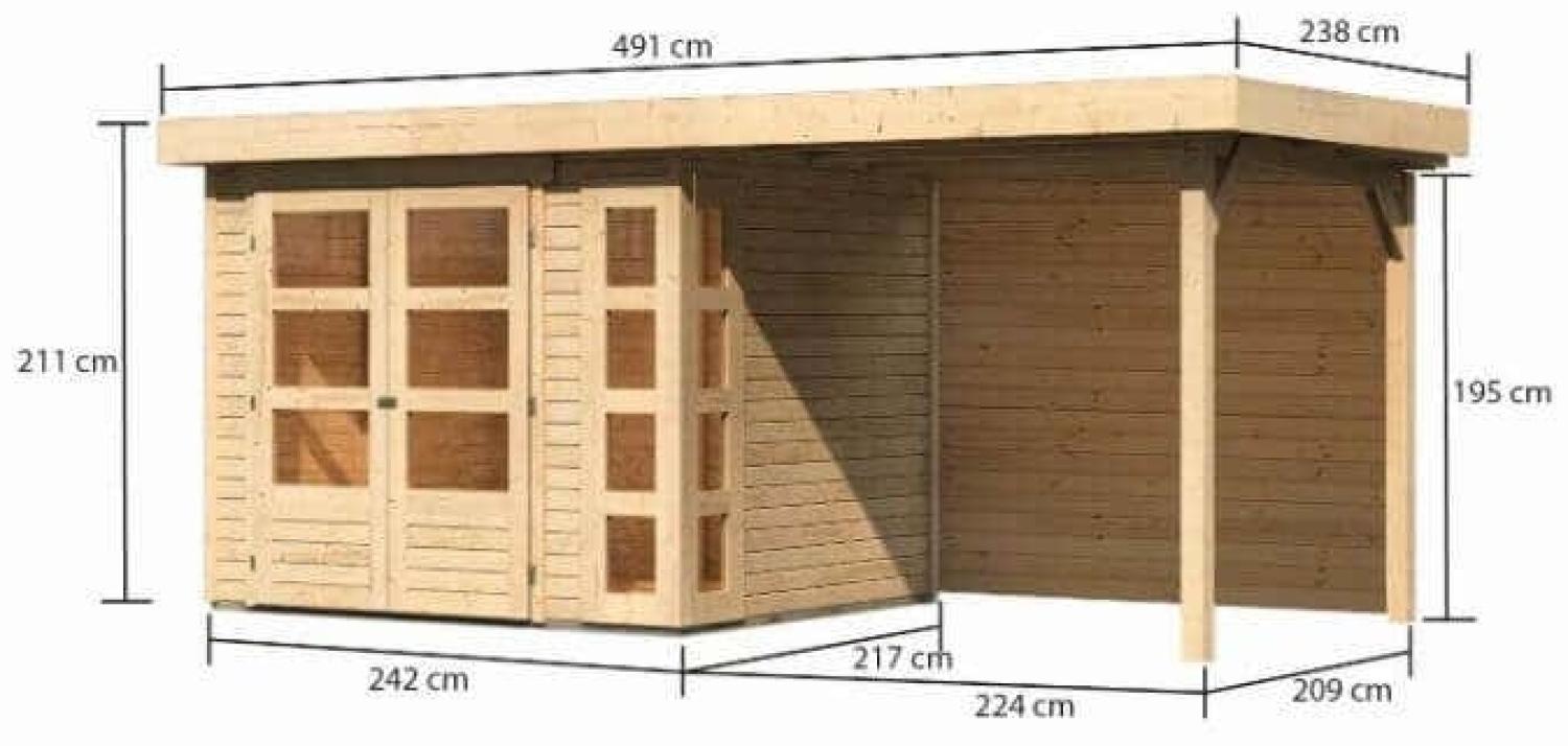 Gartenhaus Kerko 5, 302 x 246 cm inkl. Anbaudach 2,80 m mit Rückwand, 19 mm Holz naturbelassen, Karibu Bild 1