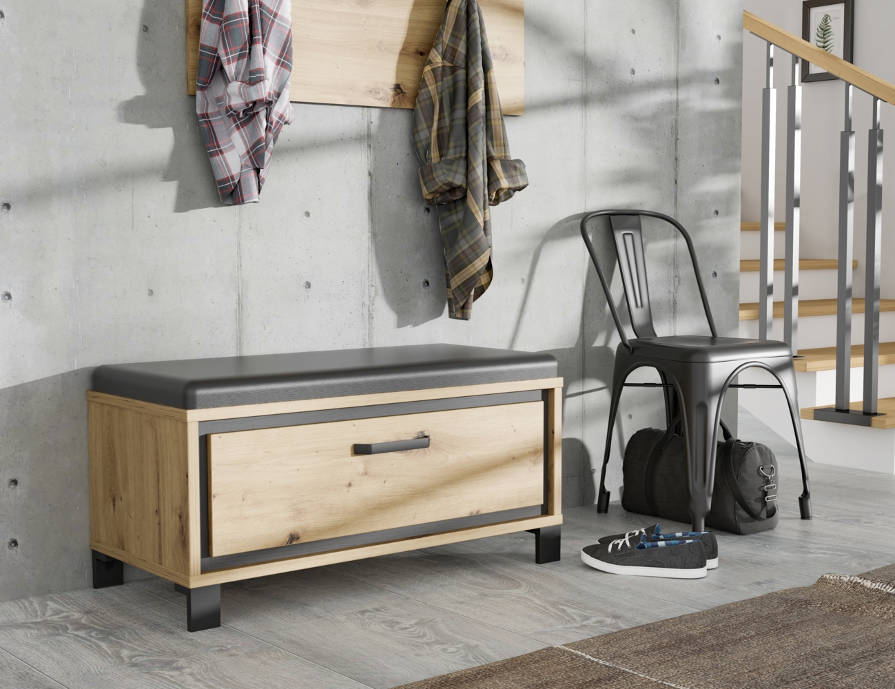 Garderobenbank TRONDHEIM mit Polster Artisan Eiche Schwarzeiche Optik Bild 1