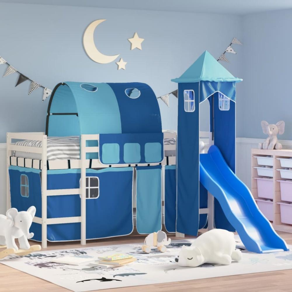 vidaXL Kinderhochbett mit Turm Blau 90x190 cm Massivholz Kiefer 3207112 Bild 1