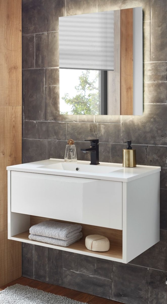 Badmöbel Set Glide in weiß Hochglanz und Eiche 80 x 190 cm Bild 1